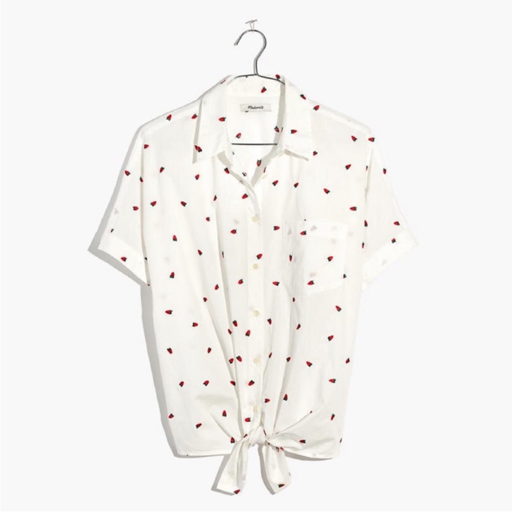 Madewell Embroidered Short-Sleeve Tie-Front Shirt in Fresh Strawberries